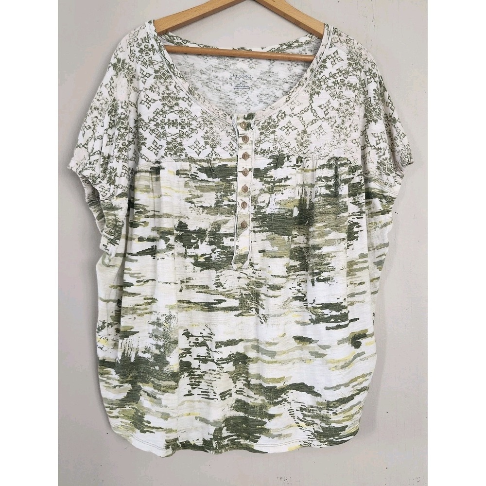Pilcro Anthropologie Womens XL Camo Print Shirt Top Short Sleeve 3/4 Button